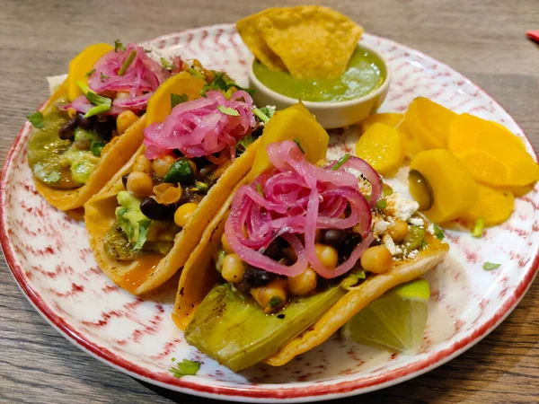 Maxican Tacos Opuntia Nachos Quacamole Served Decorative Plate — Photo