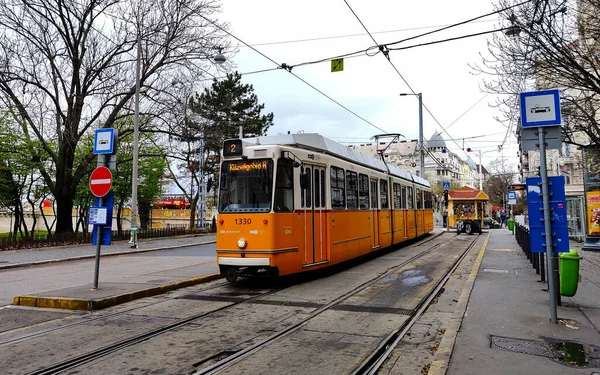 ブダペスト ハンガリー 2022年4月9日 伝統的なオレンジトラムがスタート地点で待っています — ストック写真