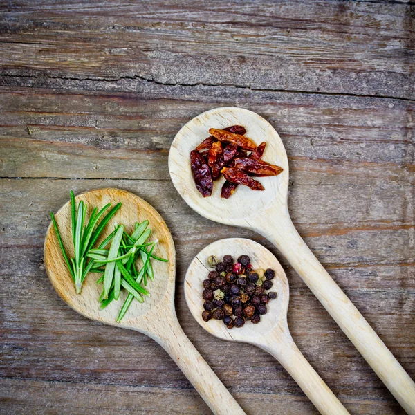 Especias en cucharas de madera — Foto de Stock