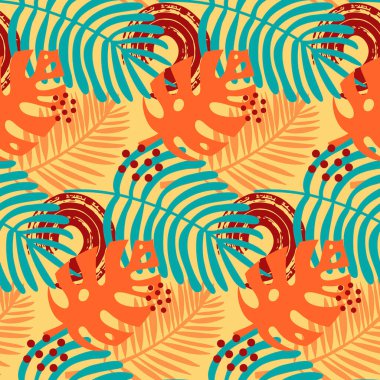 Canavar palmiye yaprağı pürüzsüz desen, tropik sarı turuncu moda yaprak, vektör illüstrasyonu