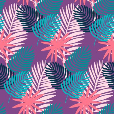 Canavar ve palmiye deseni, tropikal mor leylak yaprağı, vektör illüstrasyonu