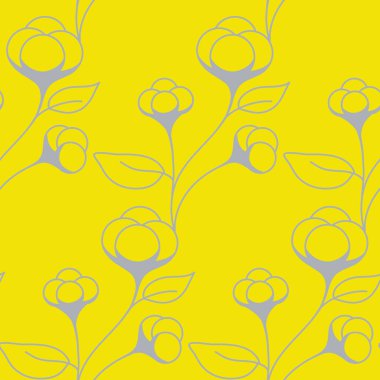 Yapraklı bir dal üzerinde pamuk deseni, sarı gri renk. Tasarım için organik doğal desen