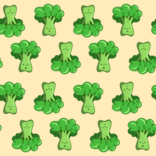 Motif Sans Couture Personnage Dessin Animé Mignon Brocoli Vert Légumes — Image vectorielle