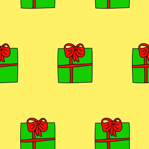 赤いリボンで結ばれた贈り物と緑の箱 シームレスなパターンのドア子供っぽいベクトルイラスト — ストックベクタ