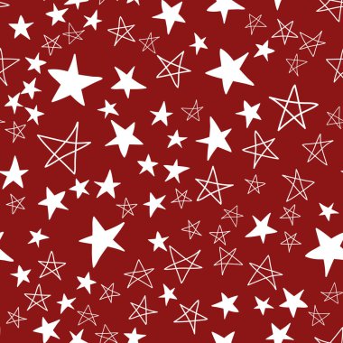 Kusursuz desen, düzensiz dağılmış yıldızlar, yıldız elementli kırmızı kestane rengi beyaz tasarım vektörü çizimi