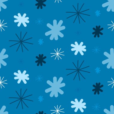 Mavi beyaz kar taneleri, el çizimi kusursuz desenli vektör çizimi