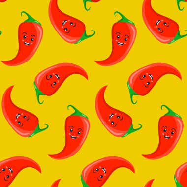 Kusursuz desen, kırmızı biber biber biberi gülümseyen karakter tekstil için vektör çizimi, duvar kağıdı ve ambalaj kağıdı.