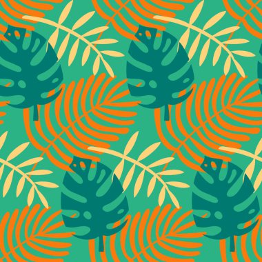 Canavar ve palmiye deseni, yeşil sarı tropikal yapraklar, vektör illüstrasyonu.
