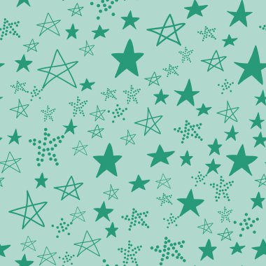 Kusursuz desen, yıldızlı galaksi, yıldız elementli yeşil turkuaz tasarım vektör çizimi
