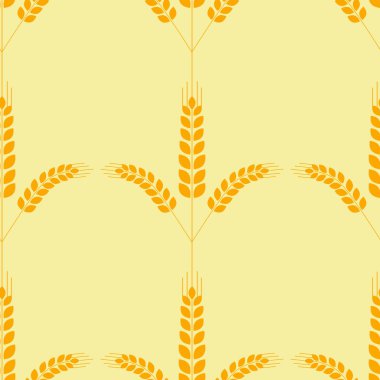 Kusursuz desen, buğday kulağı, tekstil hasadı verimliliği için vektör çizimi, sarı arka plan.