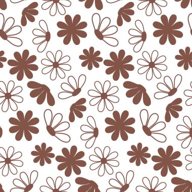 Beyaz moda organik desenli kahverengi çiçek silueti, tekstil tasarım vektör illüstrasyonunu kaplayan duvar kağıdı.