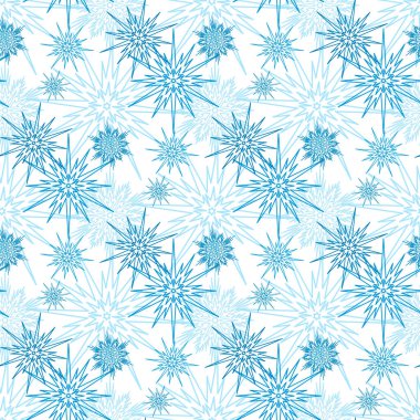 Karlı kış Noel 'i kusursuz desen, beyaz arka planda mavi kar tanesi, kristal simetrik süs