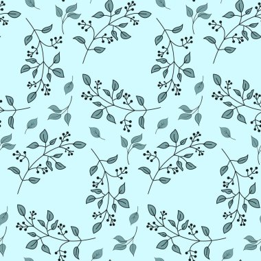 Kusursuz desenli el, yaprak ve böğürtlenli gri dal, tekstil tasarımı illüstrasyonunu kaplayan duvar kağıdı.