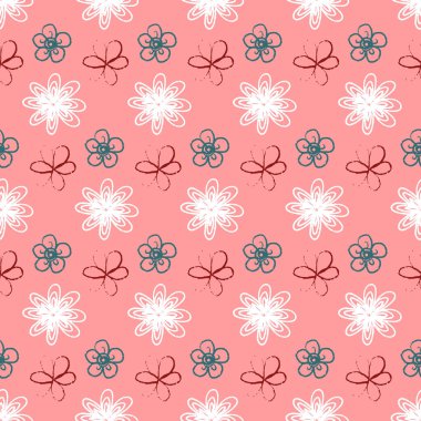 Pembe pürüzsüz desenli organik desen beyaz kırmızı çiçek, tekstil tasarımı ve ambalaj vektörü çizimi