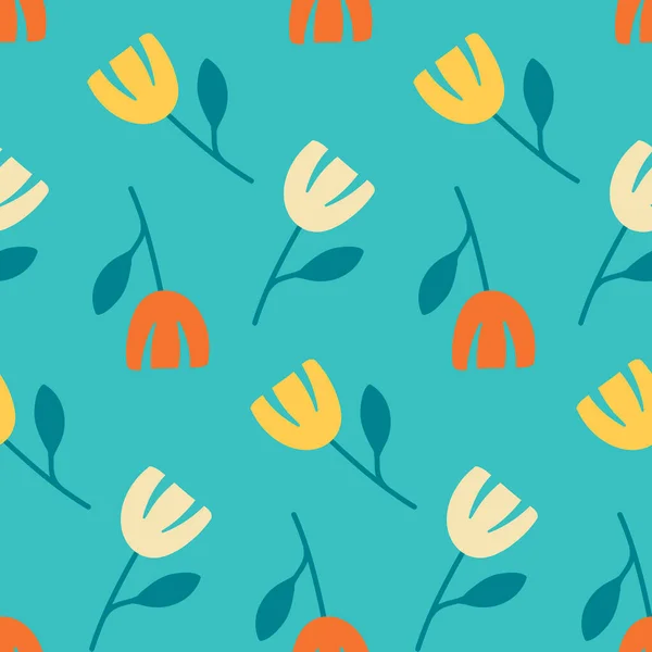 青い上に描かれたシームレスなパターン黄色のチューリップの花フラットシンプルな手 壁紙包装繊維デザインベクトルイラスト — ストックベクタ