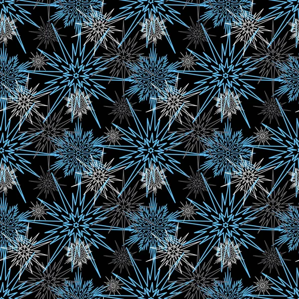 Verschneite Weihnachten Nahtloses Muster Weiß Blaue Schneeflocke Auf Schwarzem Hintergrund — Stockvektor