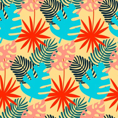 Canavar ve palmiye deseni, tropikal yaprak sarı kırmızı mavi, vektör illüstrasyonu