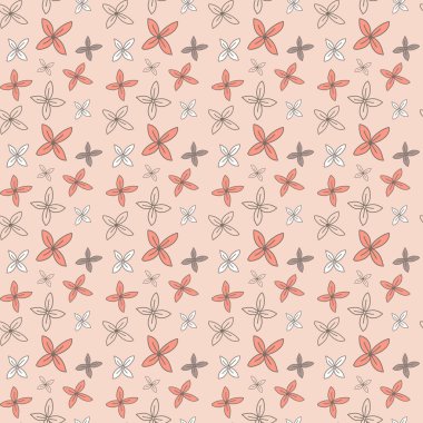 Kusursuz desenli, küçük narin çiçekli pembe arka planda turuncu gri, duvar kağıdı kaplama tekstil tasarımı.