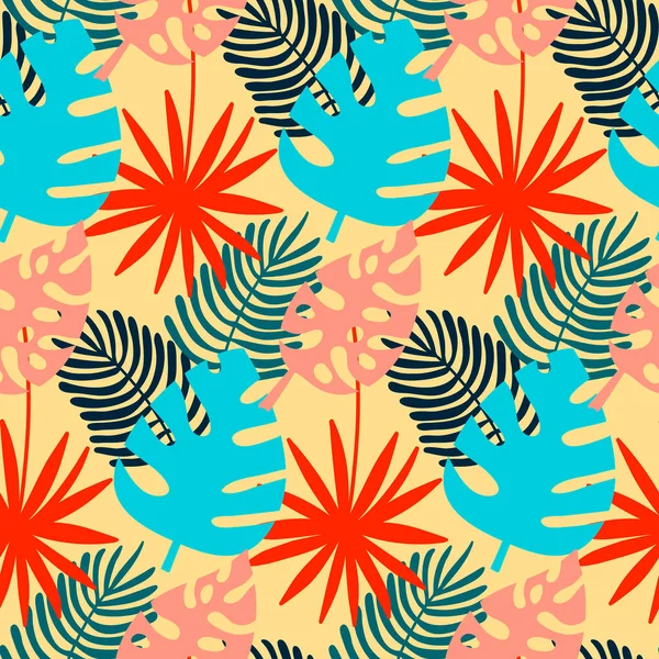 Monstère Motif Sans Couture Palmier Feuille Tropicale Jaune Rouge Bleu — Image vectorielle