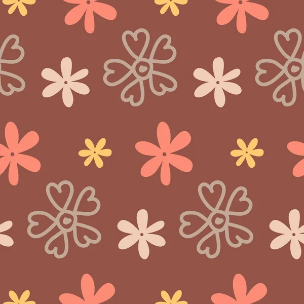 Fantasy Childish Flower Seamless Pattern Brown Background Wallpaper Textile Design — Stock Vector