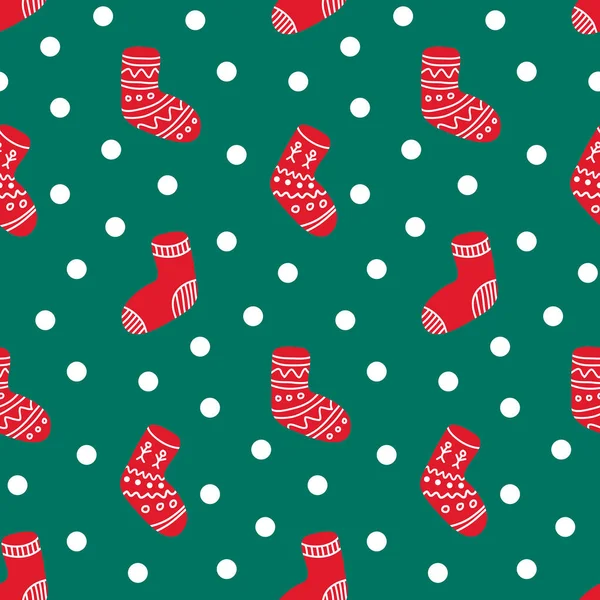 Рождественское Украшение Красный Носок Подарка Зеленом Фоне Бесшовный Узор Милый — стоковый вектор