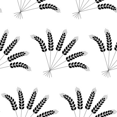 Kusursuz desen, buğday kulağı, tekstil hasat verimliliği için vektör çizimi, siyah beyaz.