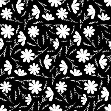 Siyah arkaplan üzerinde beyaz çiçek silueti dikişsiz desen, tekstil tasarım vektör illüstrasyonunu saran duvar kağıdı