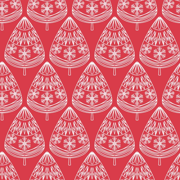Weißer Weihnachtsbaum Auf Rotem Hintergrund Niedliche Weihnachtsdekoration Mit Nahtlosem Muster — Stockvektor