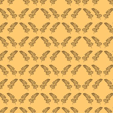 Tekstil duvar kâğıdı, ambalaj tasarımı ve iç dekorasyon için sarı zemin üzerinde şirin bir dal simetriği olan kusursuz desen.