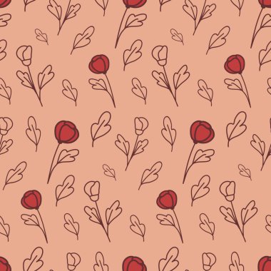 Sevimli kırmızı lale çiçeği, kusursuz desenli arka plan duvar kağıdı tekstil tasarımı