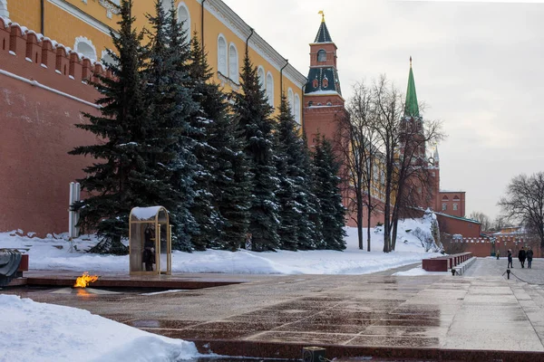 2021年12月28日 俄罗斯莫斯科 亚历山大花园红场的仪仗队 一座供步行的城市公园 是首都的地标 — 图库照片
