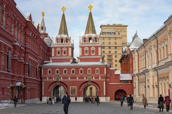 2021年12月28日 莫斯科红场的复活门 历史博物馆正面 冬季在首都 — 图库照片