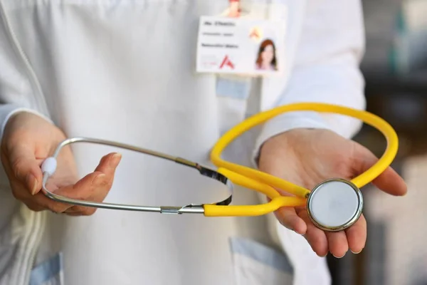 Female Doctor Holding Stethoscope Concept Health Medicine Hospital Background — Stock Photo, Image