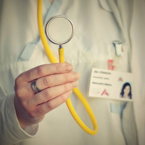 Female Doctor Holding Stethoscope Concept Health Medicine Hospital Background — Stock Photo, Image