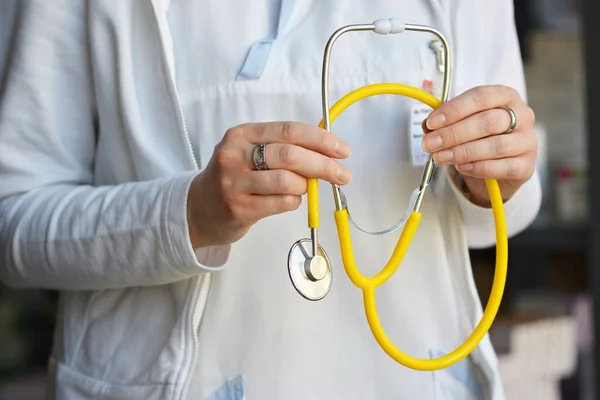 Female Doctor Holding Stethoscope Concept Health Medicine Hospital Background — Stock Photo, Image