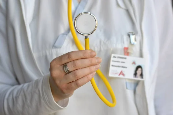 Female Doctor Holding Stethoscope Concept Health Medicine Hospital Background — Stock Photo, Image