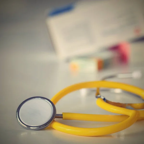 Stethoscope Medication Table Concept Health Medicine Hospital Background — Stock Photo, Image