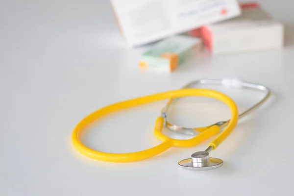 Stethoscope Medication Table Concept Health Medicine Hospital Background — Stock Photo, Image