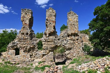 The beautiful old ruins of the Templstejn castle on the hill with the Jihlava river valley. South Moravia - Czech Republic.