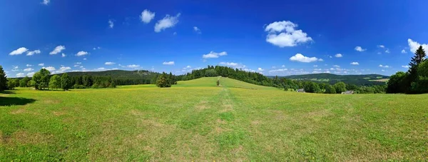 Piękny Letni Krajobraz Panoramiczny Naturą Łąka Lasem Błękitnym Niebem Słoneczny — Zdjęcie stockowe