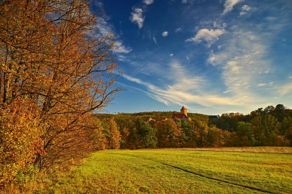 Beautiful Autumn Landscape Veveri Castle Natural Colorful Scenery Sunset Brno — Stock Photo, Image