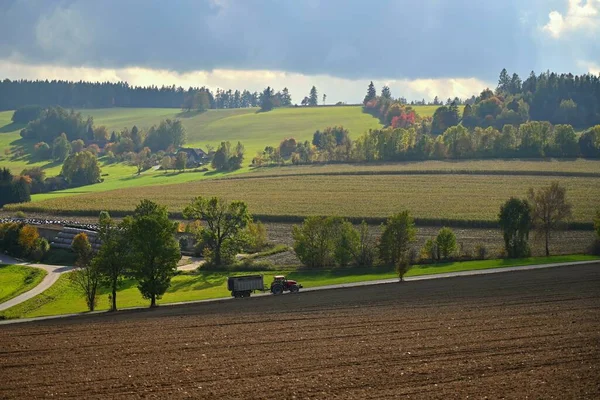 Tractor Field Beautiful Autumn Nature Landscape Czech Republic Colorful Trees — Stock Photo, Image