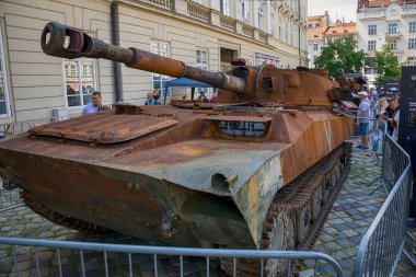 Lviv, Ukraine  August 11. 2022 : Exhibition of destroyed Russian armored vehicles near the City Hall in the city Lviv, Ukraine.