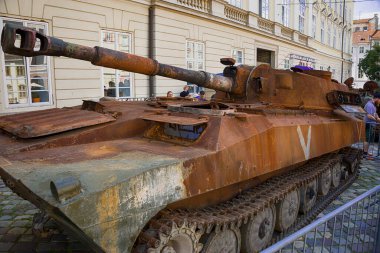 Lviv, Ukraine  August 11. 2022 : Exhibition of destroyed Russian armored vehicles near the City Hall in the city Lviv, Ukraine.