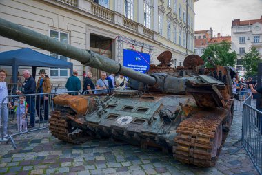 Lviv, Ukraine  August 11. 2022 : Exhibition of destroyed Russian armored vehicles near the City Hall in the city Lviv, Ukraine.