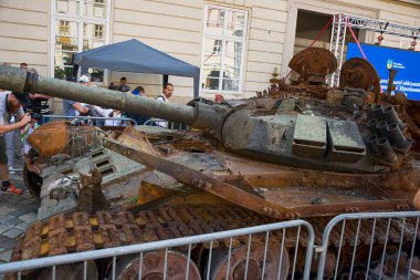 Lviv, Ukraine  August 11. 2022 : Exhibition of destroyed Russian armored vehicles near the City Hall in the city Lviv, Ukraine.