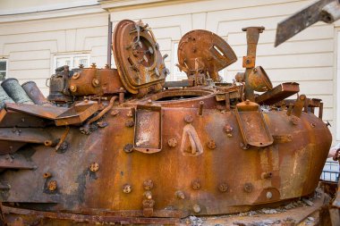 Lviv, Ukraine  August 11. 2022 : Exhibition of destroyed Russian armored vehicles near the City Hall in the city Lviv, Ukraine.