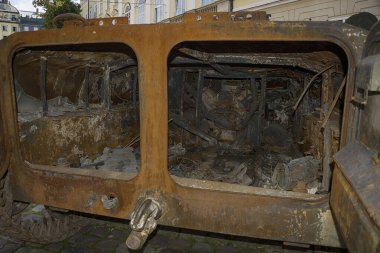 Lviv, Ukraine  August 11. 2022 : Exhibition of destroyed Russian armored vehicles near the City Hall in the city Lviv, Ukraine.