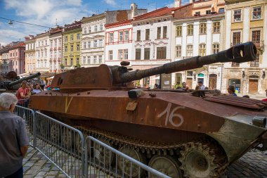 Lviv, Ukraine  August 11. 2022 : Exhibition of destroyed Russian armored vehicles near the City Hall in the city Lviv, Ukraine.