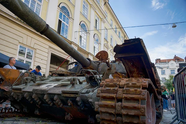 Lviv, Ukraine  August 11. 2022 : Exhibition of destroyed Russian armored vehicles near the City Hall in the city Lviv, Ukraine.